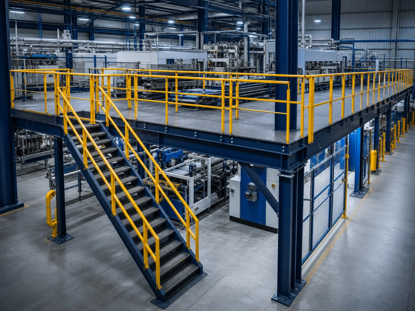 Mezanino industrial com escada e guarda-corpos