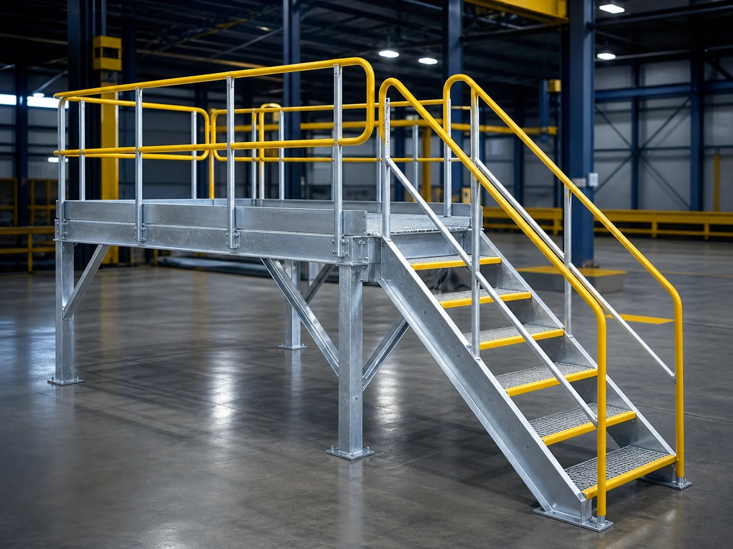 Plataforma industrial com escada e guarda-corpo amarelo